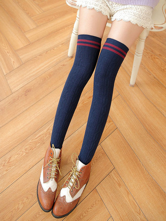 ダークネイビーコットンロリータストッキングニットロリータニーハイソックス