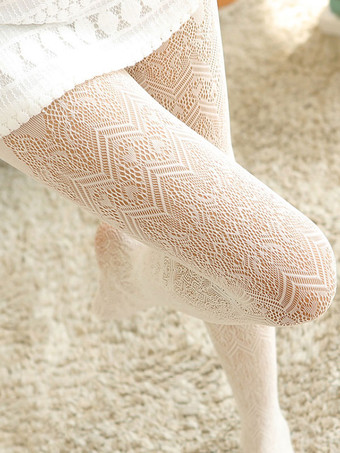 ホワイト スウィートロリータパンティストッキングジャカードカットナイロンロリータタイツ