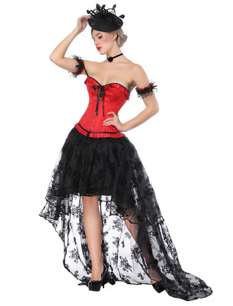 Halloween Costume Gothic Women Red Vintage Corset Top High Low Skirt