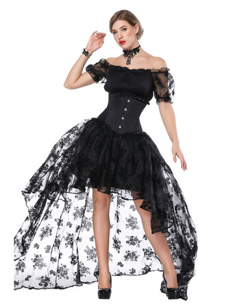 Retro Halloween Costume Women Black Short Sleeve Top Waist Trainer Corset And High Low Skirt