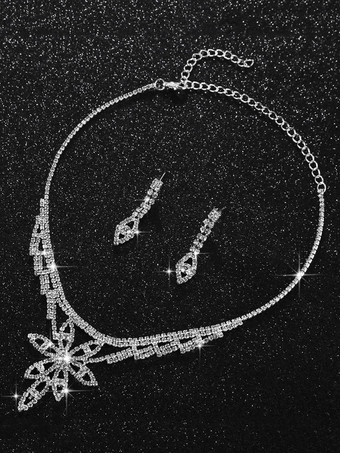 ウェディングネックレスセットシルバーラインストーンビーズタッセルダングルイヤリングセットフラワーブライダルジュエリー