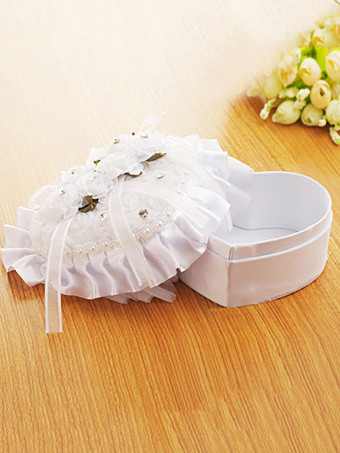 ウェディングリングベアラーボックスレースラインストーンフラワーパールホワイトセレモニー用品