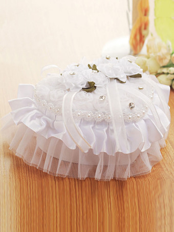 ウェディングリングベアラーボックスレースラインストーンフラワーパールホワイトセレモニー用品