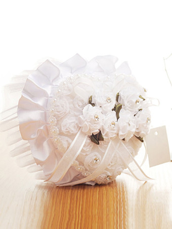 ホワイト ウェディングリングベアラーボックスレースラインストーンフラワーパールホワイトセレモニー用品