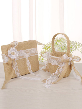 Colección rústica de la boda Set Lino marrón claro Encajes Arpillera Suministros de arpillera 4 piezas