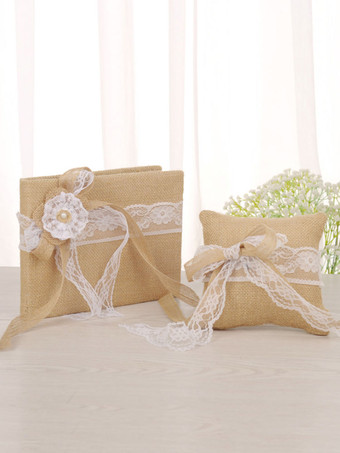 Colección rústica de la boda Set Lino marrón claro Encajes Arpillera Suministros de arpillera 4 piezas