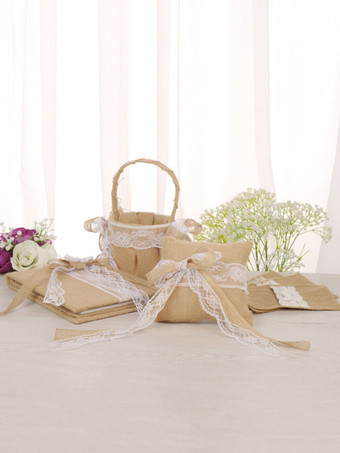 Colección rústica de la boda Set Lino marrón claro Encajes Arpillera Suministros de arpillera 4 piezas