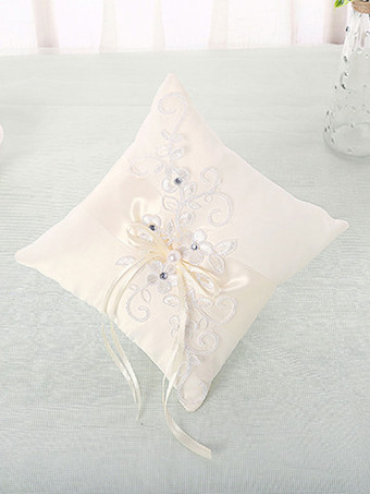 結婚式の枕白いレースの花ラインストーンの真珠の刺繍リングベアラーの枕