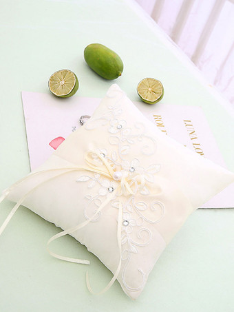Almohada de la boda flores de encaje blanco perlas de diamantes de imitación bordado almohadas portador del anillo