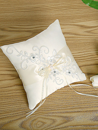 Almohada de la boda flores de encaje blanco perlas de diamantes de imitación bordado almohadas portador del anillo