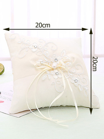 Almohada de la boda flores de encaje blanco perlas de diamantes de imitación bordado almohadas portador del anillo