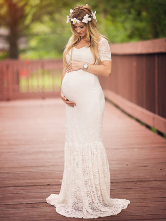 マタニティマキシドレス　2024　レース　マーメイド　写真撮影用　ベビーシャワードレス　Vネック　半袖　妊娠中のドレス