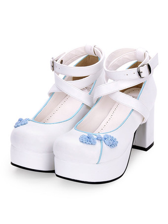 Style chinois Lolita Chaussures Broderie Strappy Chunky Haut Talon Lolita Pompes