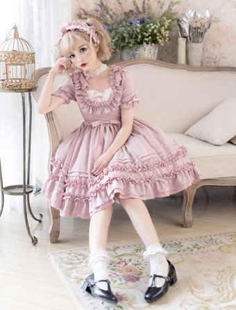 Vestido doce Lolita OP com babado laço de algodão plissado vestido de uma peça só para lolita