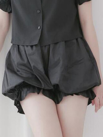 ブラック クラシックロリータボトムスコットンフリルプリーツロリータブルマー