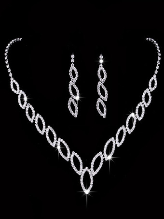 Conjunto de colar de casamento Conjunto de jóias de strass Oco Brincos de prata nupcial e colar