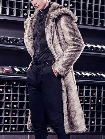 男性用ブラウンコート2トーンターンダウンカラー冬用オーバーコートロングラインフェイクファーコート