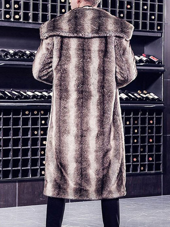 男性用ブラウンコート2トーンターンダウンカラー冬用オーバーコートロングラインフェイクファーコート