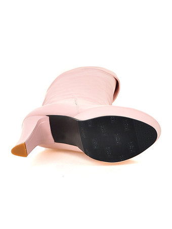 プラットフォーム ニーハイ ブーツ レディース アーモンド トゥ チャンキー ブライト レザー ヒール ブーツ