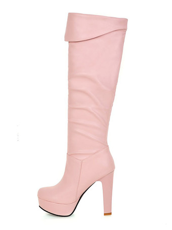 プラットフォーム ニーハイ ブーツ レディース アーモンド トゥ チャンキー ブライト レザー ヒール ブーツ