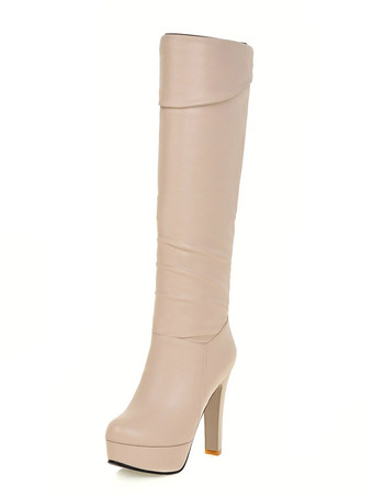 アプリコットプラットフォーム ニーハイ ブーツ レディース アーモンド トゥ チャンキー ブライト レザー ヒール ブーツ