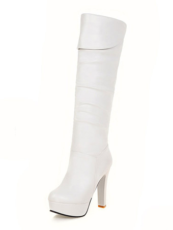ホワイト プラットフォーム ニーハイ ブーツ レディース アーモンド トゥ チャンキー ブライト レザー ヒール ブーツ