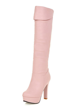 ピンクプラットフォーム ニーハイ ブーツ レディース アーモンド トゥ チャンキー ブライト レザー ヒール ブーツ