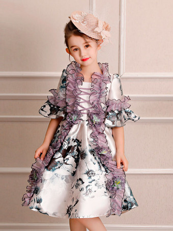 Дети Хэллоуин Костюм Маленькие девочки Рококо платье Белые печатные Ruffles Half Sleeve Royal Vintage Dress