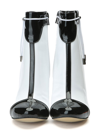 ショートブーツ ラウンドトゥ ホワイト ブーティ レディースブーツ ピンヒール ストラッピー 10.5cm PU ジッパー バイカラー アウトドア レディース靴 シューズ