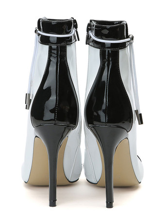 ショートブーツ ラウンドトゥ ホワイト ブーティ レディースブーツ ピンヒール ストラッピー 10.5cm PU ジッパー バイカラー アウトドア レディース靴 シューズ