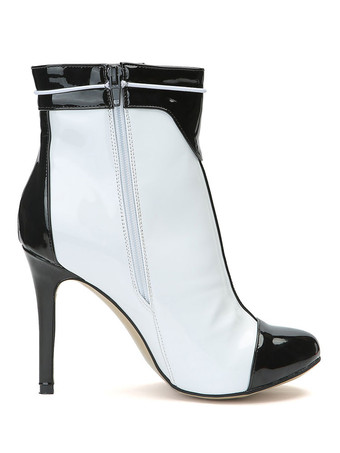 ショートブーツ ラウンドトゥ ホワイト ブーティ レディースブーツ ピンヒール ストラッピー 10.5cm PU ジッパー バイカラー アウトドア レディース靴 シューズ