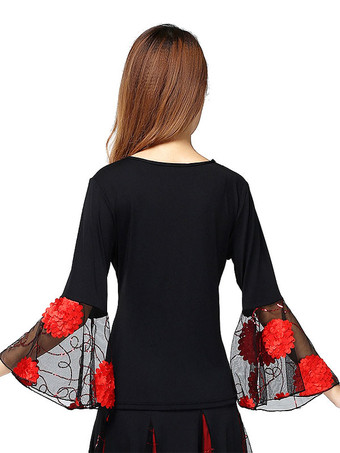 ボールルームダンスコスチュームトップ女性ロングスリーブVネックTシャツトップ