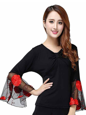 ローズレッドボールルームダンスコスチュームトップ女性ロングスリーブVネックTシャツトップ