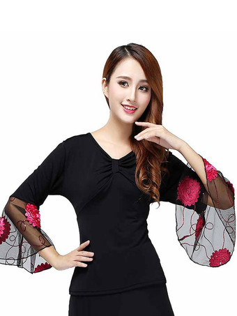 ボールルームダンスコスチュームトップ女性ロングスリーブVネックTシャツトップ