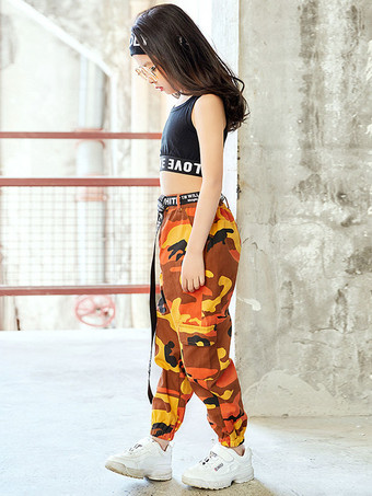 キッズジャズダンスコスチューム女の子プリントロングパンツとクロップトップベスト2点セット