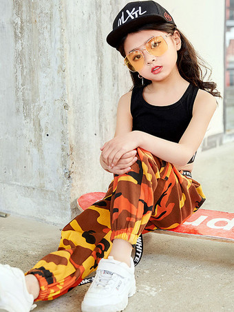 キッズジャズダンスコスチューム女の子プリントロングパンツとクロップトップベスト2点セット