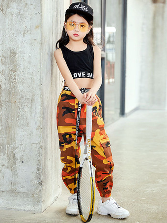 キッズジャズダンスコスチューム女の子プリントロングパンツとクロップトップベスト2点セット