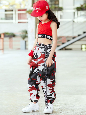 キッズジャズダンスコスチューム女の子赤プリントロングパンツと切り口トップ2点セット