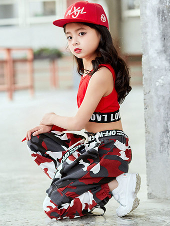 キッズジャズダンスコスチューム女の子赤プリントロングパンツと切り口トップ2点セット