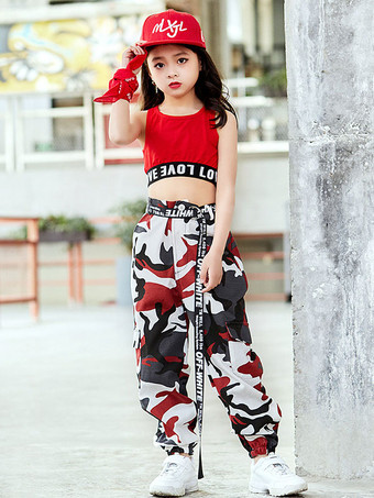 レッド キッズジャズダンスコスチューム女の子赤プリントロングパンツと切り口トップ2点セット