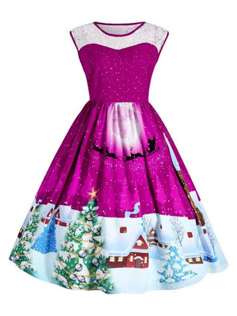 レトロワンピース ローズレッド ノースリーブ ロカビリー ワンピース 1950年代 ヴィンテージワンピース クリスマス柄 綿混紡 ラウンドネック レディースワンピース レディースファッション 発表会 二次会 お呼ばれ