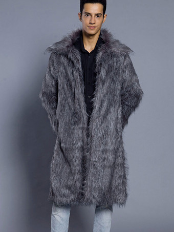 グレイフェイクファーコートブラウンふわふわコートターンダウンカラーロングスリーブメンズウィンターオーバーコート