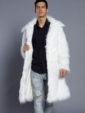 ホワイト フェイクファーコートブラウンふわふわコートターンダウンカラーロングスリーブメンズウィンターオーバーコート