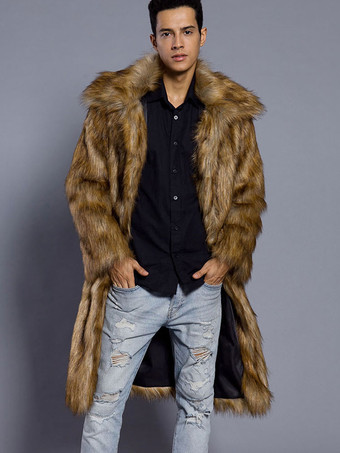 ブラウン フェイクファーコートブラウンふわふわコートターンダウンカラーロングスリーブメンズウィンターオーバーコート