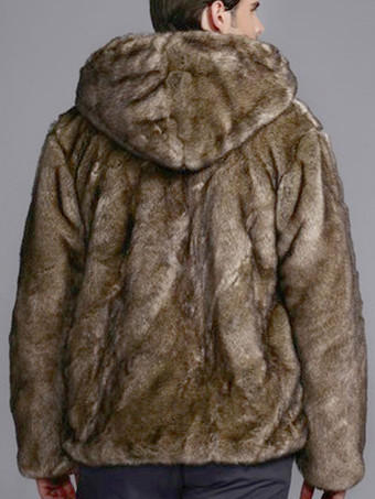 フェイクファーコート　2025　フート付き　ホーントグル　ブラウンジャケット　ロングスリープ　メンズウィンターオーバーコート