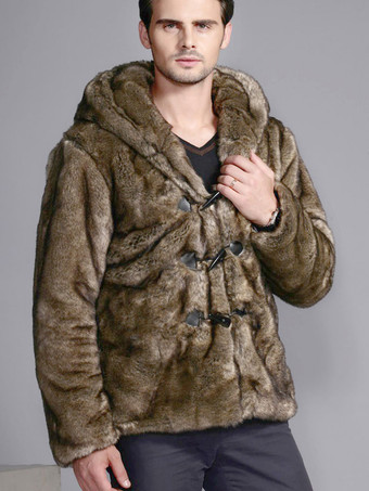 フェイクファーコート　2025　フート付き　ホーントグル　ブラウンジャケット　ロングスリープ　メンズウィンターオーバーコート