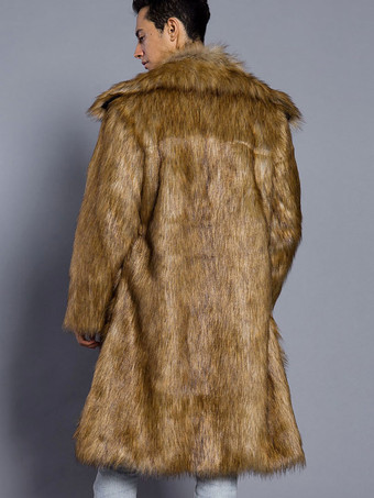 フェイクファーコートブラウンふわふわコートターンダウンカラーロングスリーブメンズウィンターオーバーコート