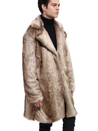 フェイクファーコート　2025　ライトブラウン　カジュアル　ツートンパータン　ノッチカラー　メンズウィンターオーバーコート