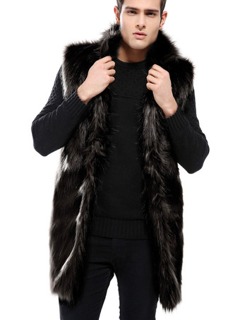 ブラック メンズウィンターオーバーコートブラウンノースリーブふわふわコートターンダウンカラーフェイクファーコート
