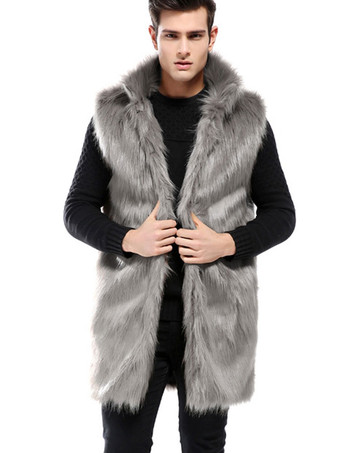 グレイメンズウィンターオーバーコートブラウンノースリーブふわふわコートターンダウンカラーフェイクファーコート